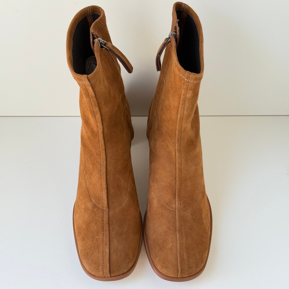 Reformation Louie Stretch Sock Boot Women 8.5 Brown Suede Square Toe Block Heel - Picture 11 of 13